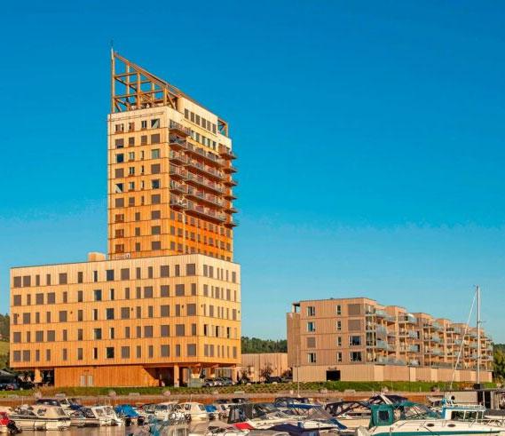 Mjøstårnet das höchste Holzhaus der Welt Hochhaus in Norwegen von Voll Arkitekter Vom Council on Tall Buildings and Urban Habitat aus Chicago höchst offiziell bestätigt: Das ist das derzeit höchste