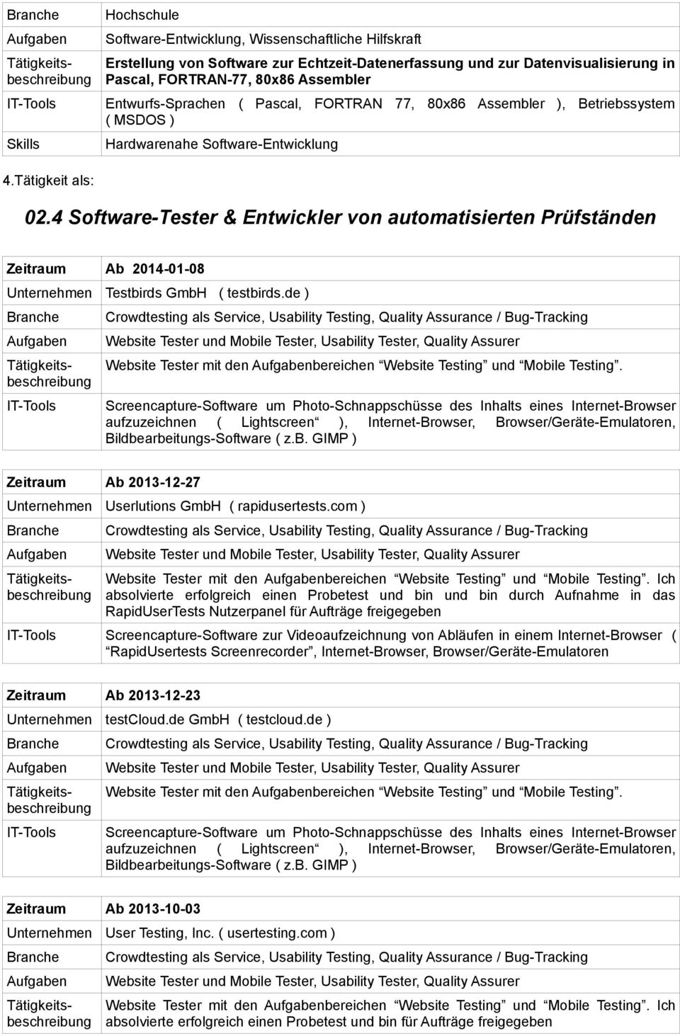4 Software-Tester & Entwickler von automatisierten Prüfständen Ab 2014-01-08 Unternehmen Testbirds GmbH ( testbirds.