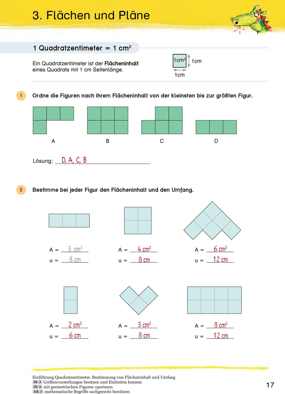 A B C D Lösung: D, A, C, B Bestimme bei jeder Figur den Flächeninhalt und den Umfang.