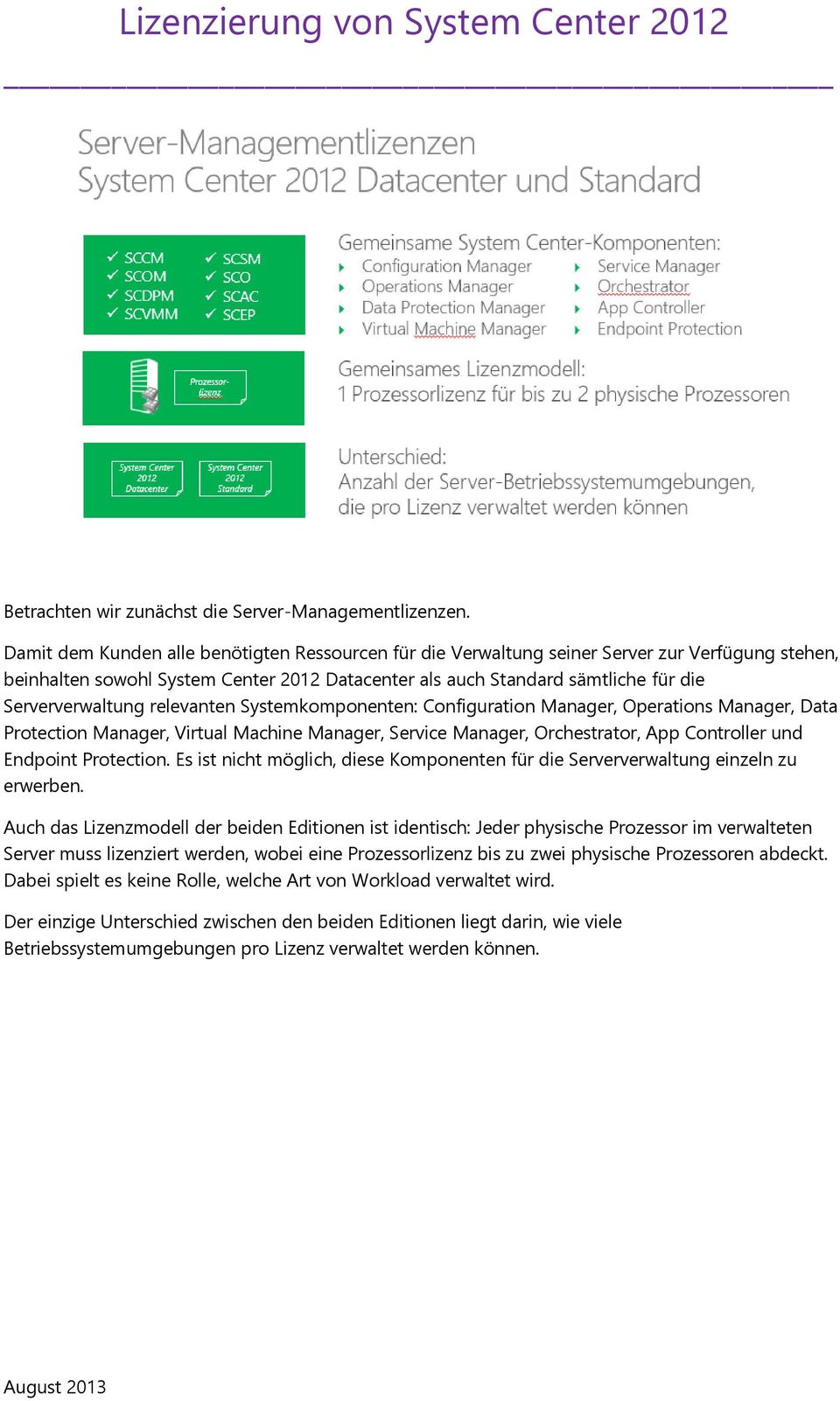 relevanten Systemkomponenten: Configuration Manager, Operations Manager, Data Protection Manager, Virtual Machine Manager, Service Manager, Orchestrator, App Controller und Endpoint Protection.