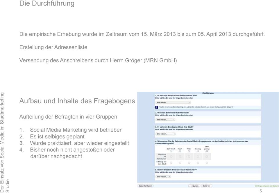 Erstellung der Adressenliste Versendung des Anschreibens durch Herrn Gröger (MRN GmbH) Aufbau und Inhalte des