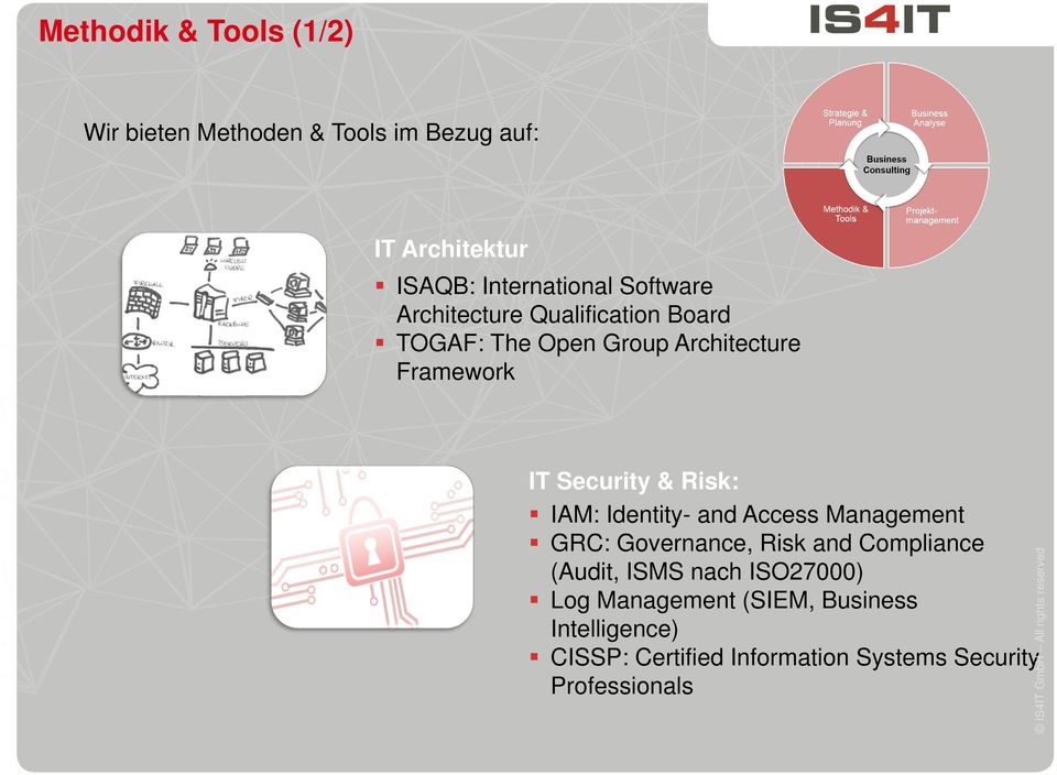 Risk: IAM: Identity- and Access Management GRC: Governance, Risk and Compliance (Audit, ISMS nach