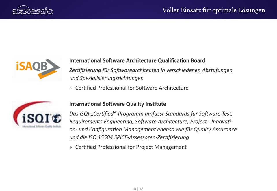 Institute Das isqi- Certified -Programm umfasst Standards für Software Test, Requirements Engineering, Software Architecture, Project-,