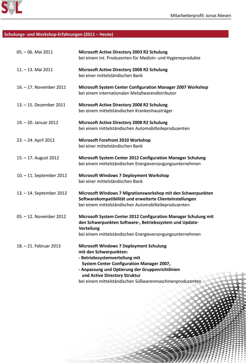 Dezember 2011 Microsoft Active Directory 2008 R2 Schulung bei einem mittelständischen Krankenhausträger 19. 20. Januar 2012 Microsoft Active Directory 2008 R2 Schulung bei einem mittelständischen Automobilteileproduzenten 23.