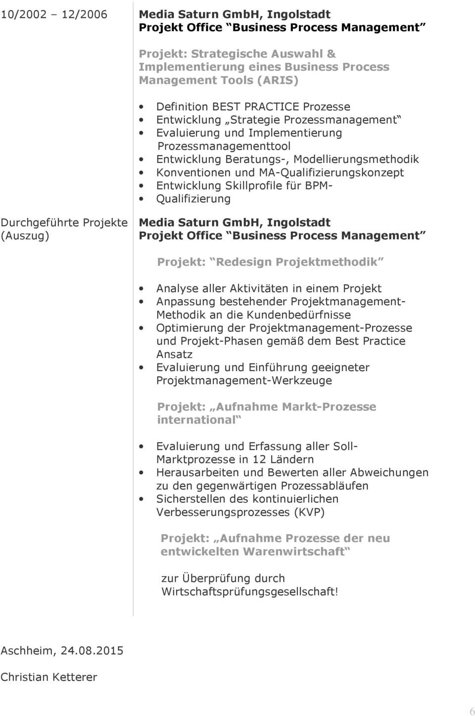 MA-Qualifizierungskonzept Entwicklung Skillprofile für BPM- Qualifizierung Durchgeführte Projekte (Auszug) Media Saturn GmbH, Ingolstadt Projekt Office Business Process Management Projekt: Redesign