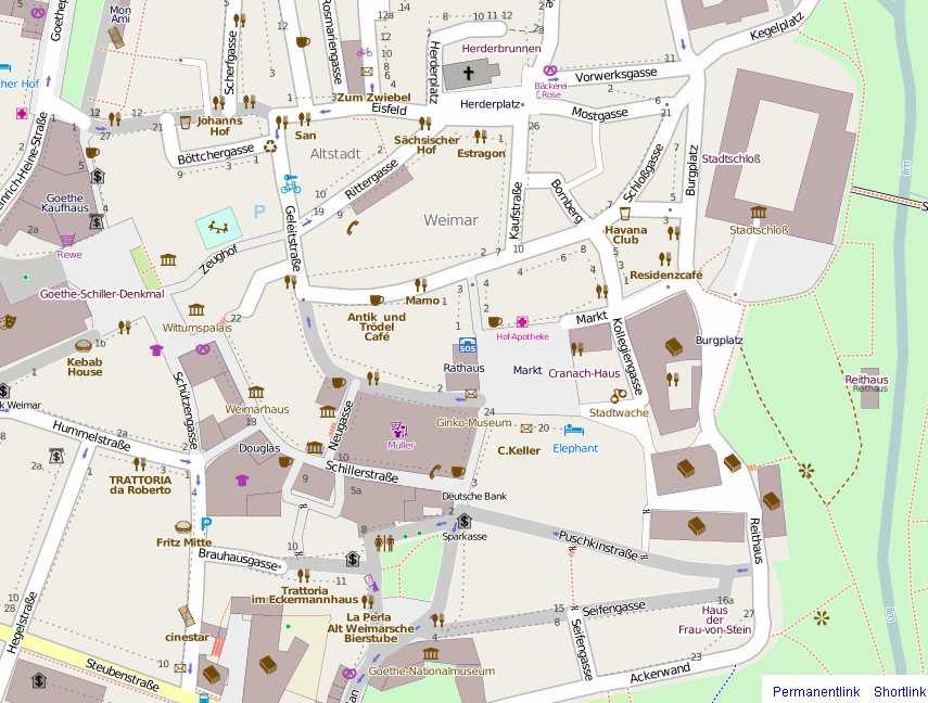 (Karte nach www.openstreetmap.org) Das klassische kulturelle Zentrum von Weimar zwischen Schlossbereich und Theaterplatz. 2.