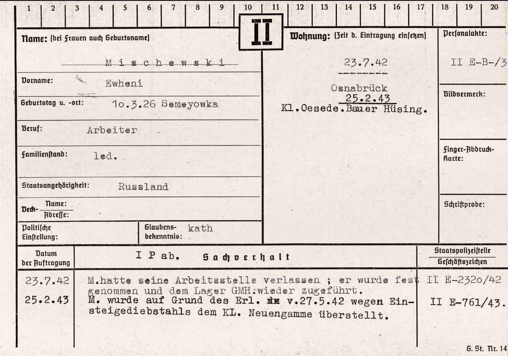 8 Karteikarte der Gestapo Osnabrück für.