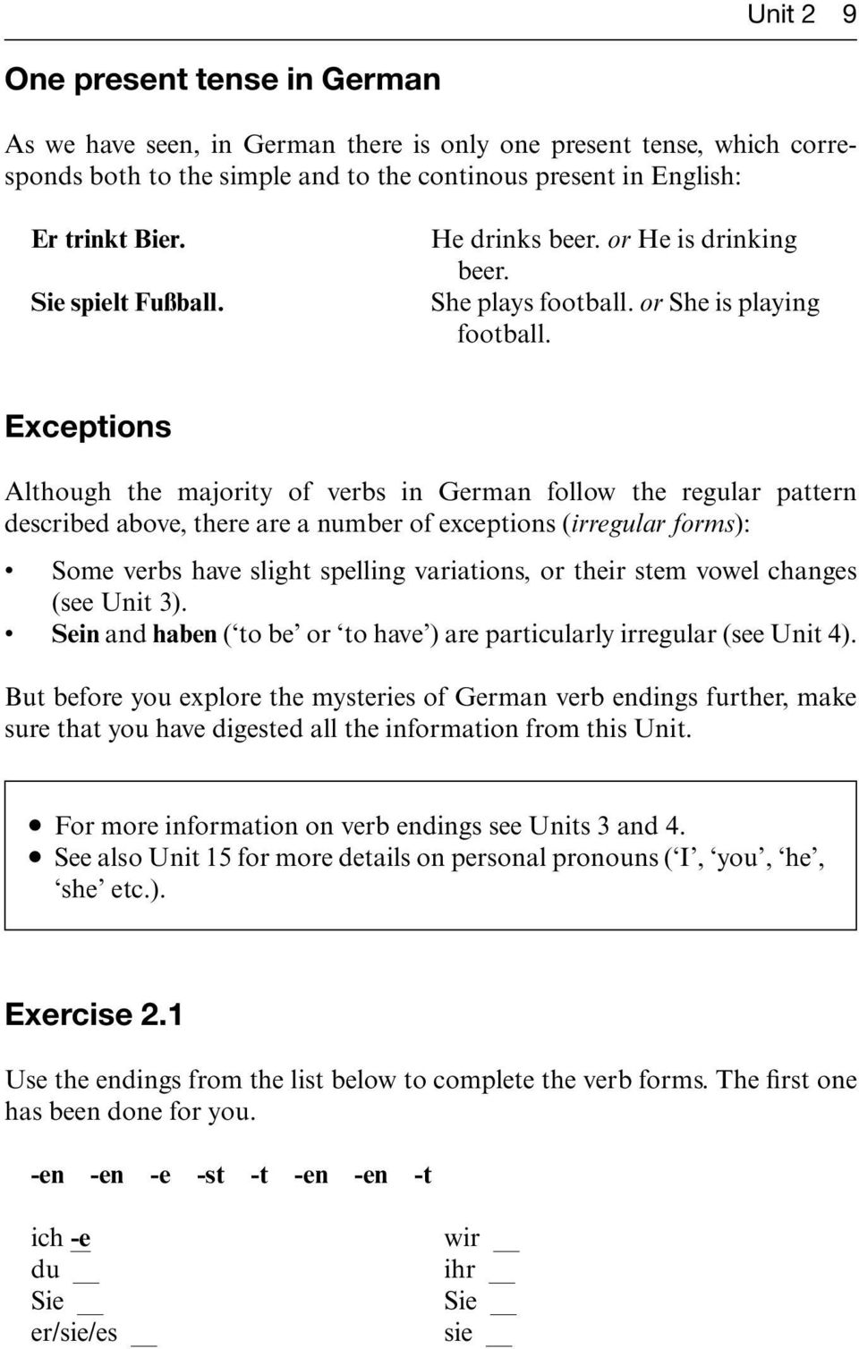 Exceptions Although the majority of verbs in German follow the regular pattern described above, there are a number of exceptions (irregular forms): Some verbs have slight spelling variations, or
