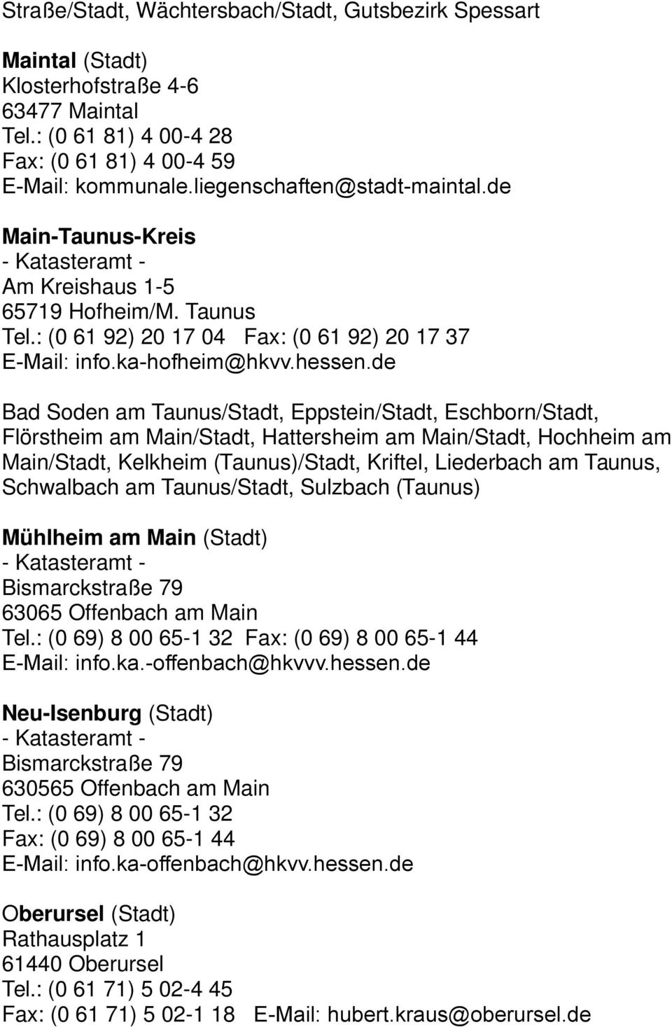 de Bad Soden am Taunus/Stadt, Eppstein/Stadt, Eschborn/Stadt, Flörstheim am Main/Stadt, Hattersheim am Main/Stadt, Hochheim am Main/Stadt, Kelkheim (Taunus)/Stadt, Kriftel, Liederbach am Taunus,