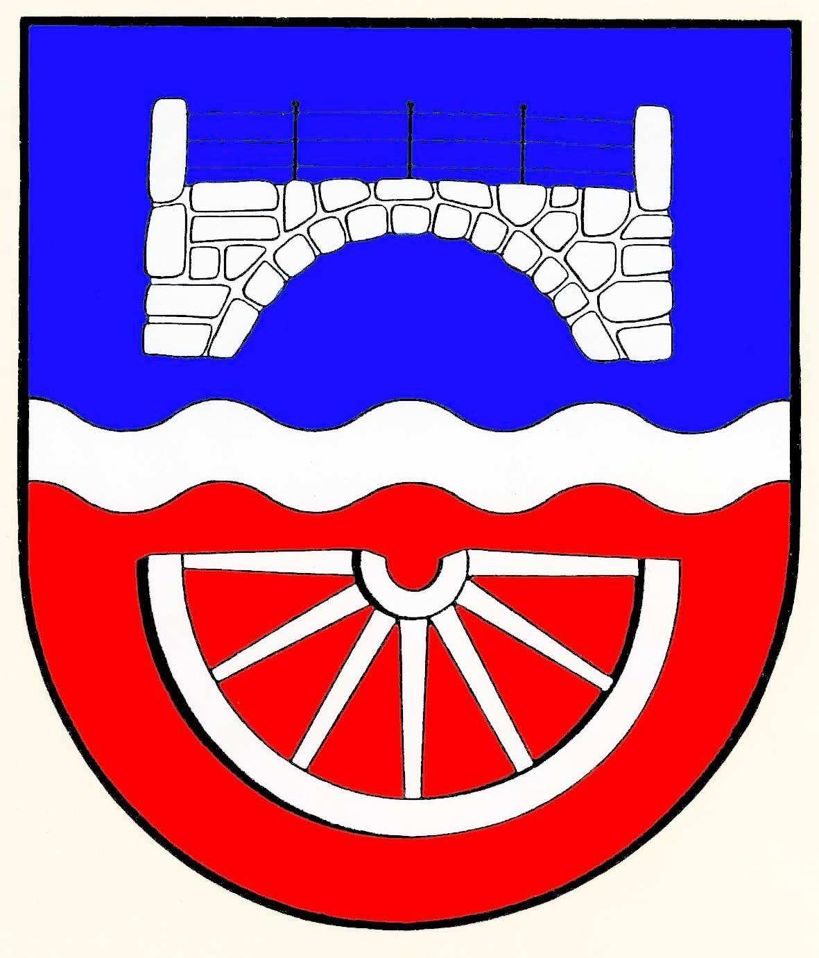 Gemeinde Brügge, Kreis Rendsburg-Eckernförde Nagel, Uwe, Bergenhusen Brücke, Wellenbalken Wagenrad, unterhalbes, Von Blau und Rot durch einen silbernen Wellenbalken geteilt.