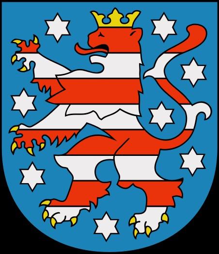 Thüringen Das Landeswappen zeigt im blauen Schild den viermal gleich breit rot-silbern gestreiften, golden bewehrten und gekrönten Bunten Löwen der Ludowinger, der umgeben ist von acht