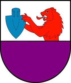Gemeindewappen Ötlikon (nicht verwendet für Kreiselschmuck) Schild geteilt von Weiss (oben) mit nach rechts gerichtetem rotem Löwen, der eine Pflugschar hält, und von Purpur (unten) Frühere