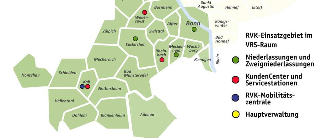 Die RVK erbringt Fahrleistungen in den Städten Köln, Bonn,