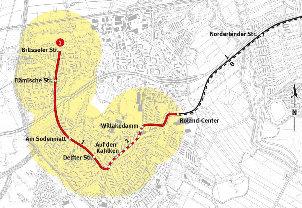 Zielnetz Linie 1 Roland-Center bis Mittelshuchting Baubeginn Inbetriebnahme Streckenlänge Fahrzeit ab/bis Hbf