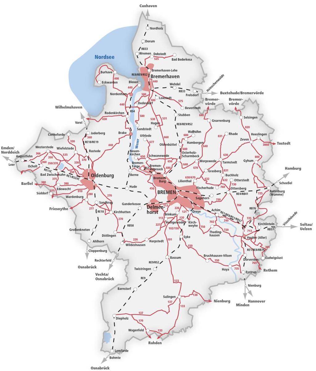 Verkehrsverbund Bremen/Niedersachsen (VBN) Fläche Einwohnerzahl Fahrgäste Bahnhöfe Haltestellen Eisenbahnlinien