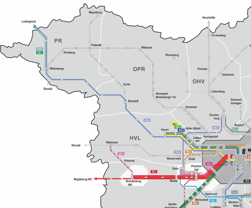 Netz Elbe-Spree Hamburger Bahn Neue Linienführung Nauen Berlin ( Cottbus) Weiterhin stündliches Taktangebot Erhöhung der Platzkapazität Bedient zwischen Berlin und Nauen alle Halte Neue Linie (Wismar