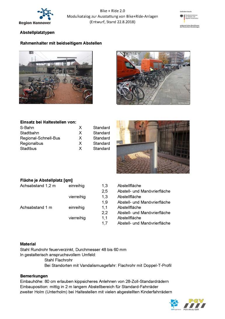 Modulkatalog Ausstattung von Bike+Ride-Anlagen Beispiel Abstellplätze Rahmenhalter: Einsatzbereiche nach ÖV-System Flächenbedarf bei